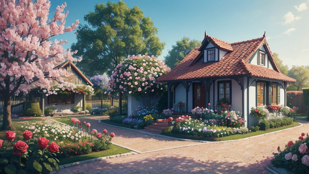 ((masterpiece)),((Highest quality)),((High Detail)),nobody,background,Rose Garden, Colorful flowers, small house, Vision