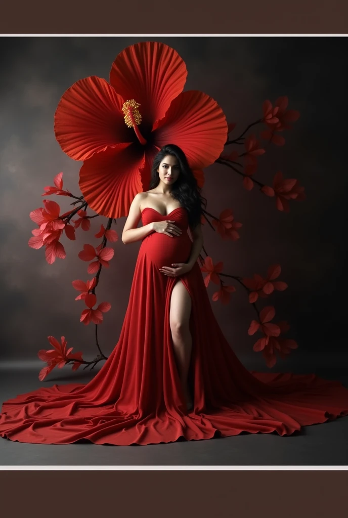 pregnant woman in red dress posing in front of large red flower, a portrait by Sam Black, some cloudy effect in ground and flower , leaf flowing in air ,shutterstock contest winner, art photography, draped with red hybiscus, rich red colors, draped in velvet and flowers, full body photoshoot, grayscale phtoto with red dress, maternal photography 4 k, award winning studio photo, in a red dress, rich red