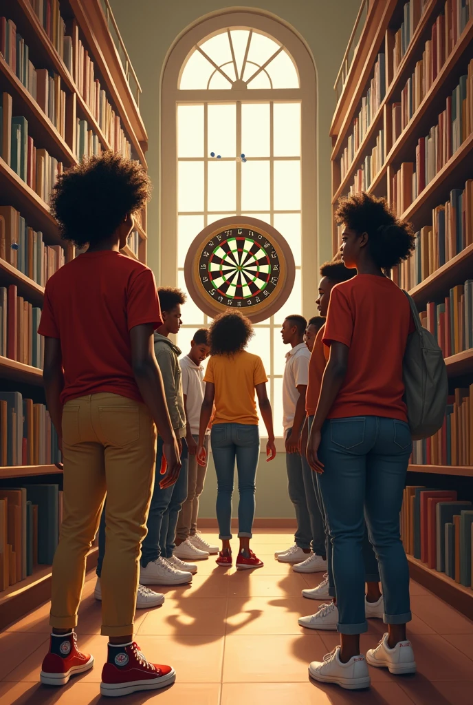 African University students playing darts standing in a library throwing at dart board on a wall. Image must be art style.