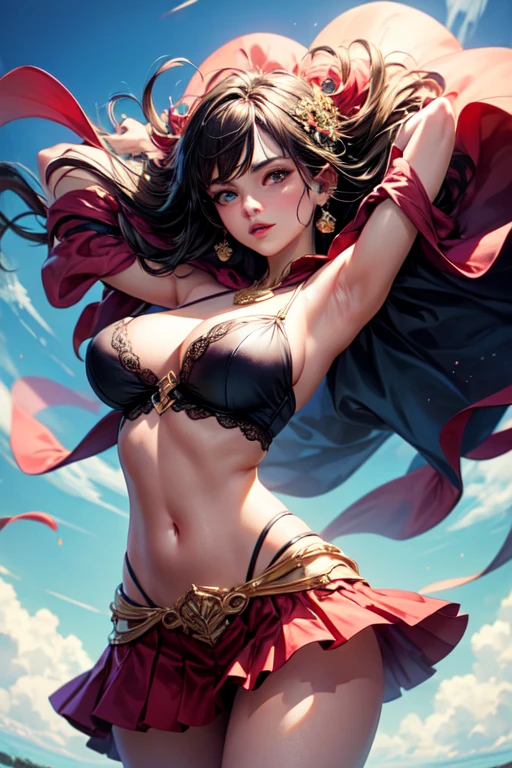 Very detailed, High resolution, Perfect dynamic composition, Beautiful attention to detail, Showing cleavage, Beautiful breasts, Ancient world, Flushed face, Dynamic pose, Hidden slightly nipple, Natural Lip, Captivating Female Body, The ultimate female body, Beautiful female body, Seductive udder, Off shoulder, Beautiful and attractive girl, Enchanting girl, Waist cape, Flare skirt, Fantastic illumination, Underboob, Pampering gesture, Terrifying sky, Unknown language, Love face, Dancing in the Wind, The optimal ratio is four fingers to one thumb, Half naked, Gravure idol, Big Breasts, A mysterious place, high detail, masterpiece, accurate, anatomically correct, super detail, high quality, Highres, award winning, UHD, 8k