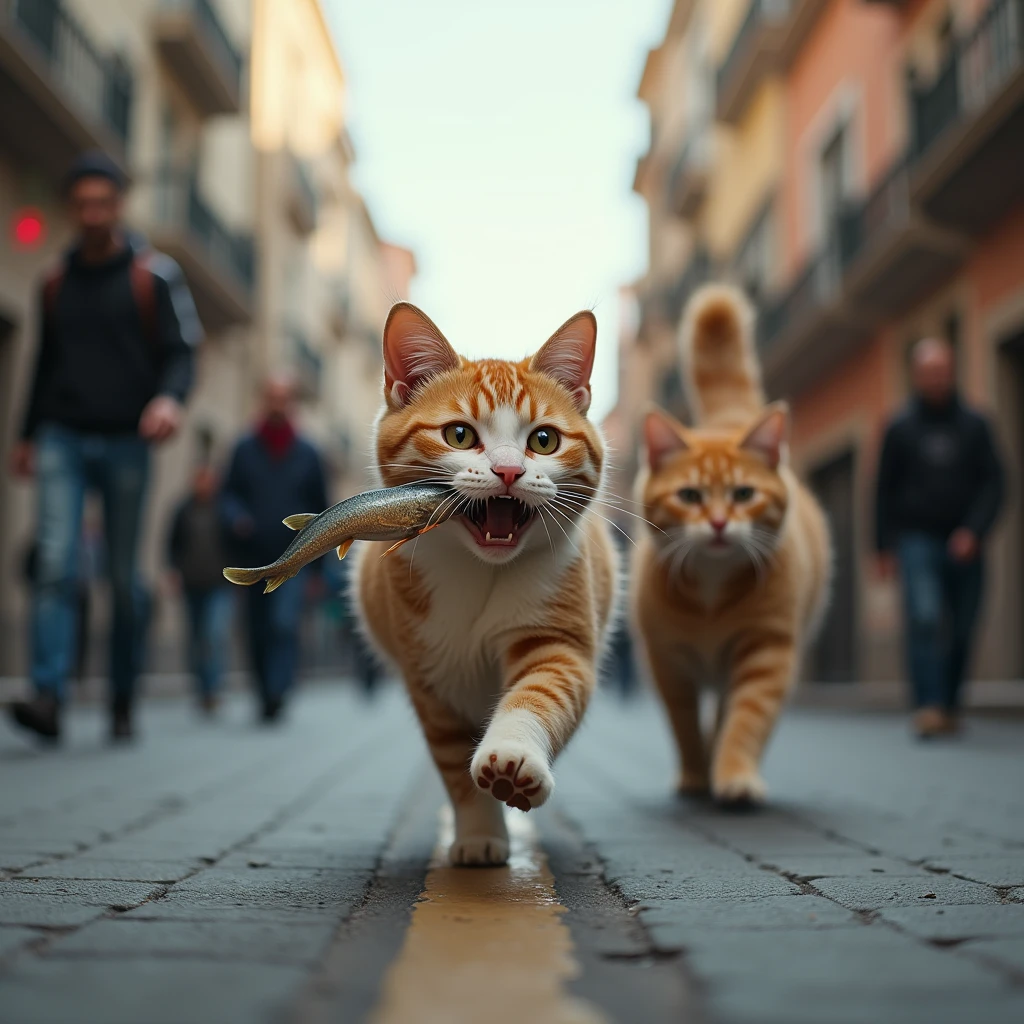 (Photorealism:1.2), Beautiful cat, running down the street, Fish in mouth, Desperate man chasing a cat, Streets full of people, detailed feature, Ultra-realistic,