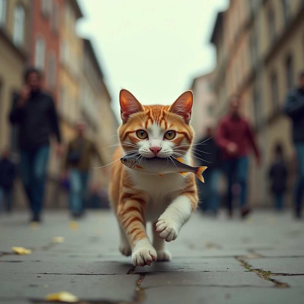 (Photorealism:1.2), Beautiful cat, running down the street, Fish in mouth, Desperate man chasing a cat, Streets full of people, detailed feature, Ultra-realistic,