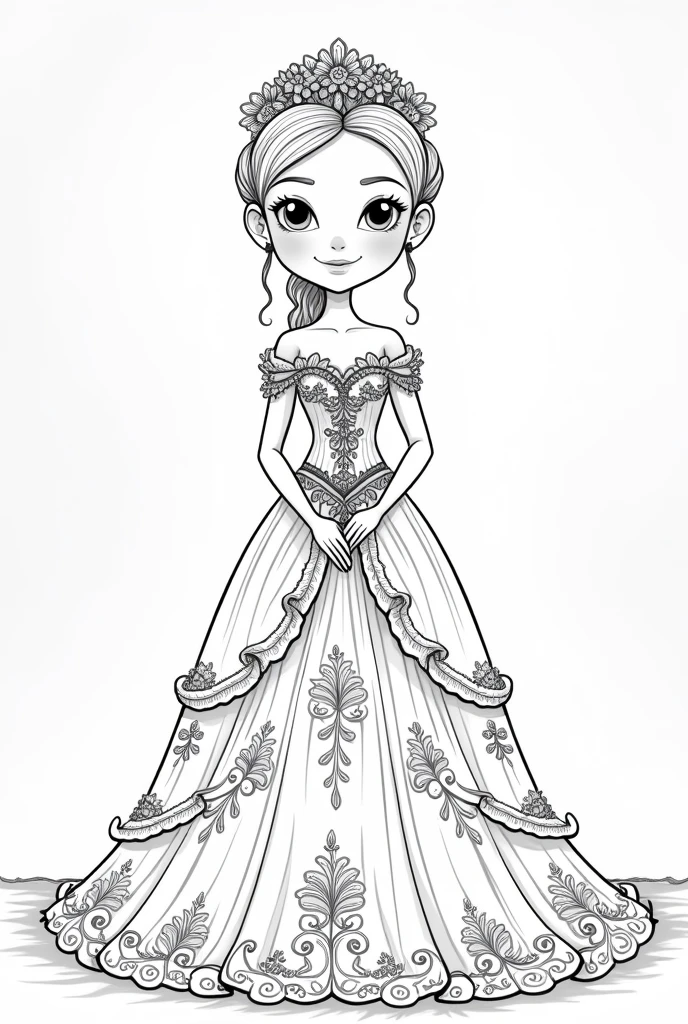 A line art for a children's coloring book with a Pixar-style wedding theme of the bride in an elegant dress full of details