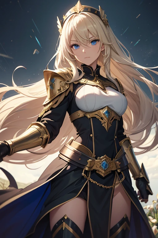 A full-length portrait of a young woman in anime style, with long, light blonde hair, framed by a white mantle adorned with gold details. He has deep blue eyes and wears blue armor with a gorget, pauldrons, bevor, breastplate, backplate, coudes, vambraces, gauntlets, faulds, cuisses, poleyns, greaves and sabatons, with intricate escarpments of leaves and flowers, she wears a flowing black cape and pieces of gold metal covering their shoulders and arms.. A dark brown leather belt with metal buckles secures his armor at his waist. Standing in a dynamic action pose. A cross-shaped pendant adorns his chest. The background features a blue sky with fluffy clouds., highlighting its majestic and noble appearance, visible from head to toe.