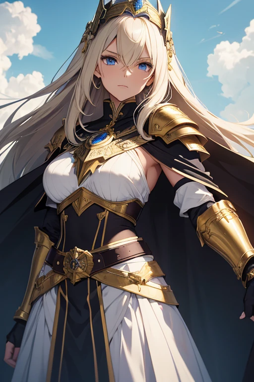 A full-length portrait of a young woman in anime style, with long, light blonde hair, framed by a white mantle adorned with gold details. He has deep blue eyes and wears blue armor with a gorget, pauldrons, bevor, breastplate, backplate, coudes, vambraces, gauntlets, faulds, cuisses, poleyns, greaves and sabatons, with intricate escarpments of leaves and flowers, she wears a flowing black cape and pieces of gold metal covering their shoulders and arms.. A dark brown leather belt with metal buckles secures his armor at his waist. Standing in a dynamic action pose. A cross-shaped pendant adorns his chest. The background features a blue sky with fluffy clouds., highlighting its majestic and noble appearance, visible from head to toe.