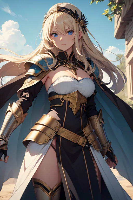 A full-length portrait of a young woman in anime style, with long, light blonde hair, framed by a white mantle adorned with gold details. He has deep blue eyes and wears blue armor with a gorget, pauldrons, bevor, breastplate, backplate, coudes, vambraces, gauntlets, faulds, cuisses, poleyns, greaves and sabatons, with intricate escarpments of leaves and flowers, she wears a flowing black cape and pieces of gold metal covering their shoulders and arms.. A dark brown leather belt with metal buckles secures his armor at his waist. Standing in a dynamic action pose. A cross-shaped pendant adorns his chest. The background features a blue sky with fluffy clouds., highlighting its majestic and noble appearance, visible from head to toe.