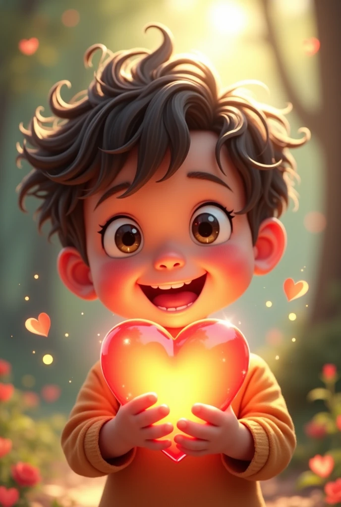 A cheerful with a heart in his hand in 4k ultra realistic cartoon style