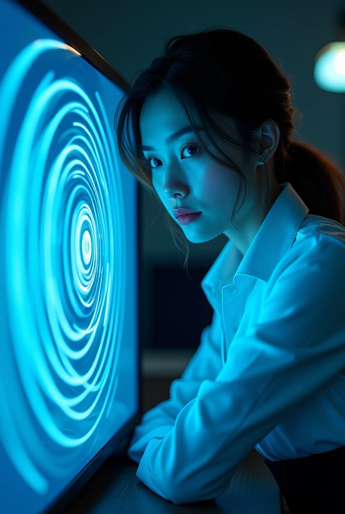 A sexy beautiful girls, white shirt, pencil skirt, work in office and look the screen of computers and her computer screen displayed a hypnotic glowing blue spiral and the woman's eyes appeared blue spirals as she looked at her computer screen and her became very hypnotized while looking at his computer screen and her was deeply hypnotized and his eyes turned into blue spirals then his face got closer to the screen then his face got closer to his screen with his eyes becoming blue spirals