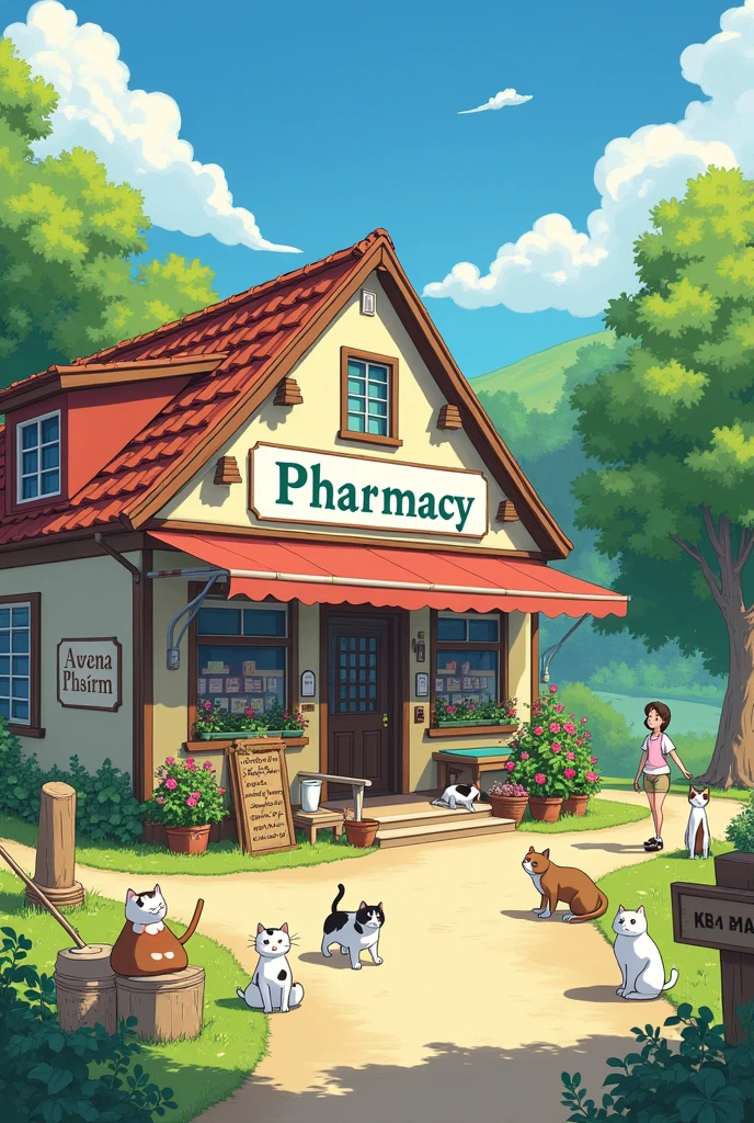 ghibli pharmacy with a pharmacy sign in english in a rural area peaceful vibes with people chilling and many cats outside