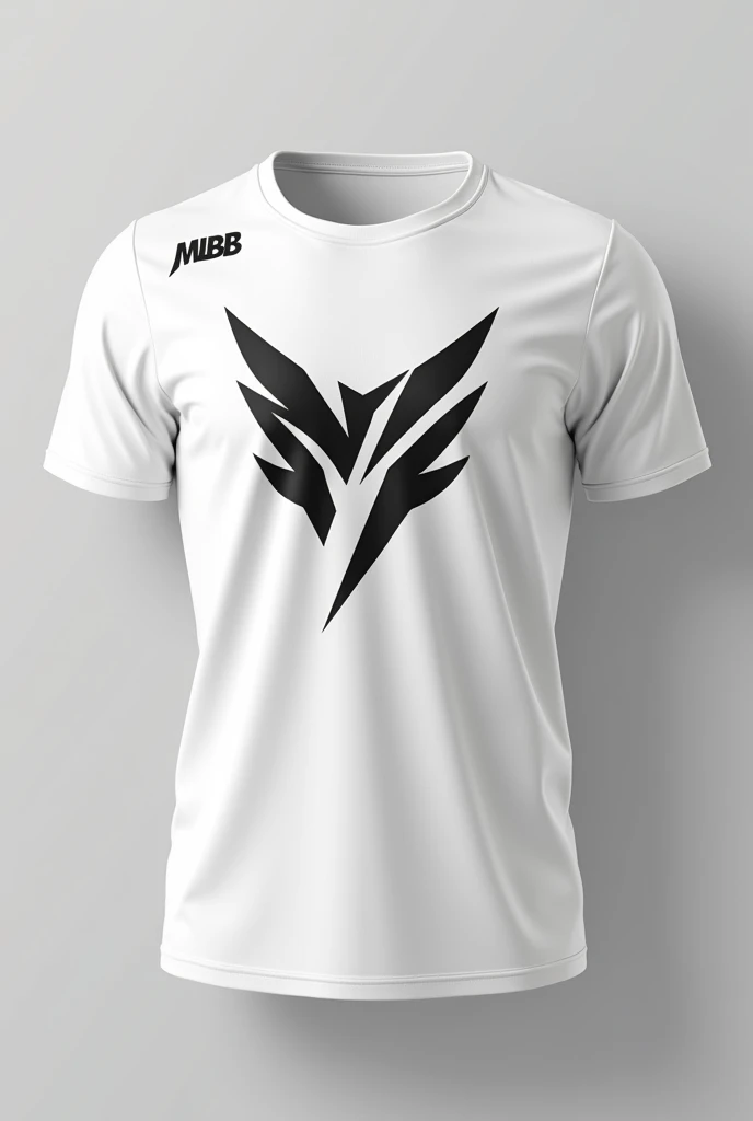 Give me polyester t shirt (front) (no person) (only t shirt)
Color of t shirt: White
Color of t shirt design: black
T shirt design: E-Sports
Left shoulder: Mlbb logo