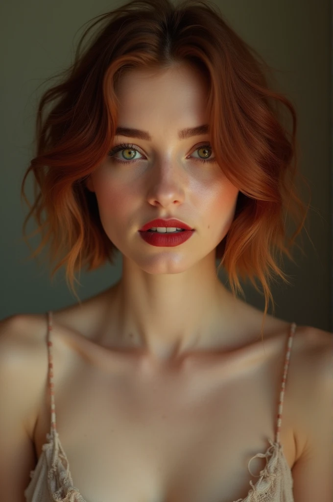 Make a picture of a girl with short hair, Wavy, red lips, and whose body is highlighted and seen naked