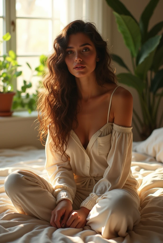 (photorealism:1.2), beautiful woman, sitting on bed, wearing loose off-shoulder top, pajama pants, long curly hair, indoors, soft lighting, plants in background, window with sunlight, cozy room, relaxed pose, realistic, intricate details, warm colors, by Greg Rutkowski, by Alphonse Mucha