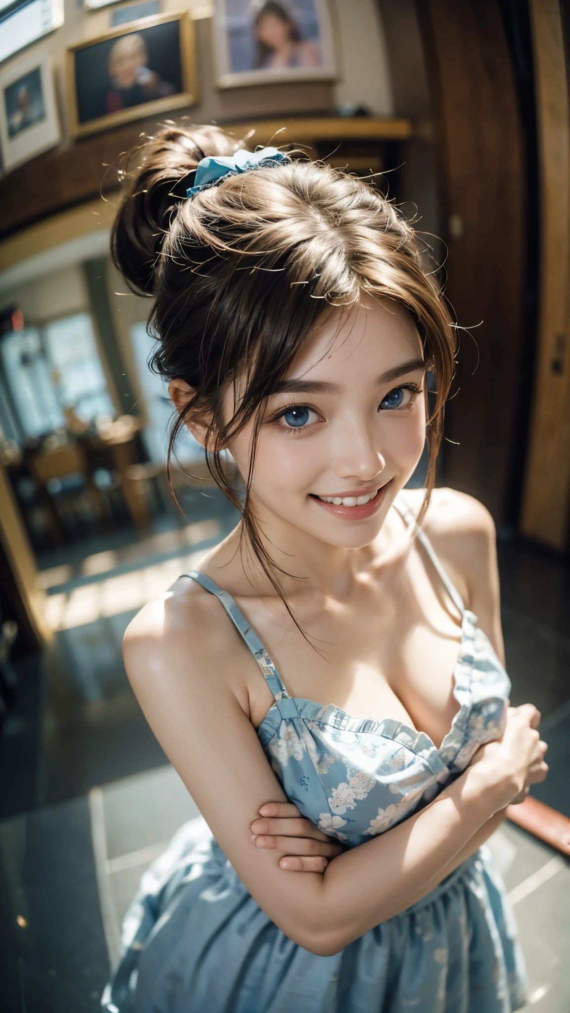 Highest quality, masterpiece, Ultra-high resolution,8k,((Toothy smiling portrait:1.4)), (Realistic:1.6), ((blue eyes)),((A radiant smile)), RAW Photos,((Realisticな美肌)),((Soft looking breasts)),((Full body photo)),1 person,2 adult women,(Full of smiles, )) ,((Ponytail and hair tie)),((Ribbon in hair)),((Looking up at the audience)),Face Focus:1.4,((Photographed from above with a fisheye lens:1.15)),