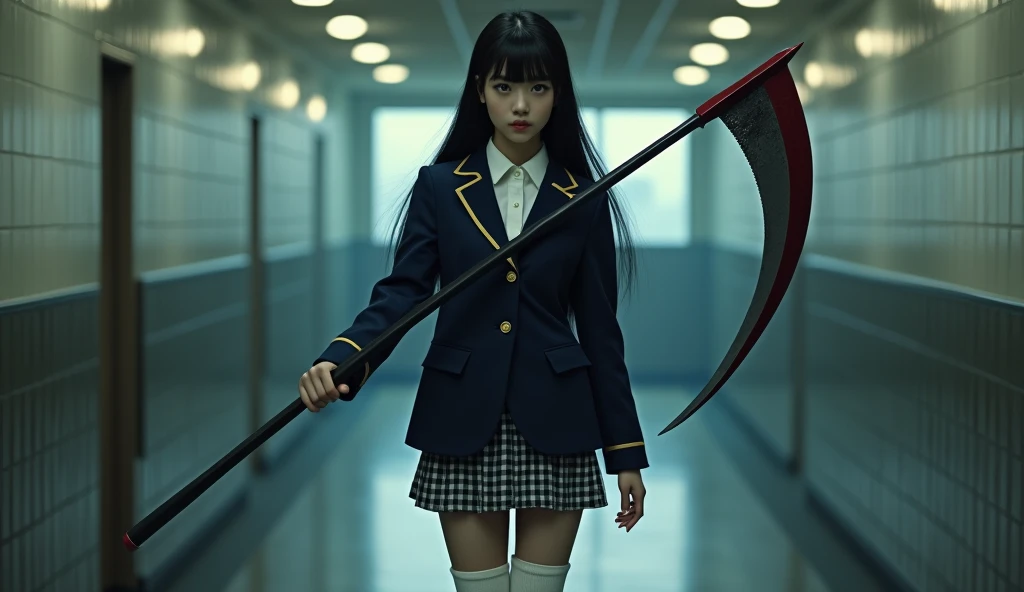 Real, Wide Shot, 1. Female, Japanese Teen, Straight Long Hair, Big, sharp eyes shining brightly, Long eyelashes, A navy blue blazer with a red ribbon tie over a white dress shirt, Checked mini skirt, Tokyo Metropolitan High School Uniforms、white calf,Navy blue socks,Socks and white sneakers, A large scythe is the weapon of choice、He has a big scythe like the Grim Reaper, Horikita Maki, Gogo Yubari, Kill Bill, indoor, Bokeh effect, Depth of written boundary, 超Real, Professional photography, Cinema Lighting,Round eyes，Fair skin,I'm attacking,Murderous Intent,Murderous intent