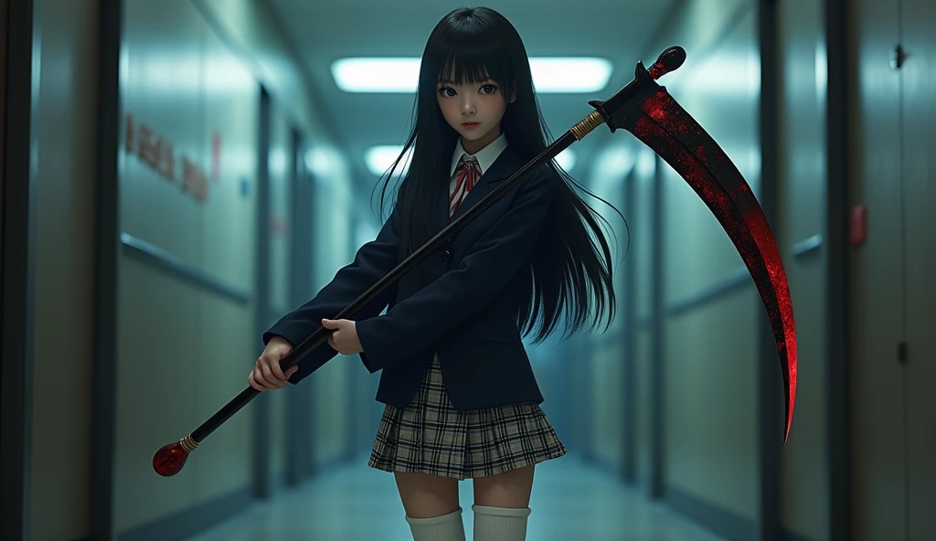Real, Wide Shot, 1. Female, Japanese Teen, Straight Long Hair, Big, sharp eyes shining brightly, Long eyelashes, A navy blue blazer with a red ribbon tie over a white dress shirt, Checked mini skirt, Tokyo Metropolitan High School Uniforms、white calf,Navy blue socks,Socks and white sneakers, A large scythe is the weapon of choice、He has a big scythe like the Grim Reaper, Horikita Maki, Gogo Yubari, Kill Bill, indoor, Bokeh effect, Depth of written boundary, 超Real, Professional photography, Cinema Lighting,Round eyes,Fair skin,I'm attacking,Murderous Intent,Murderous intent