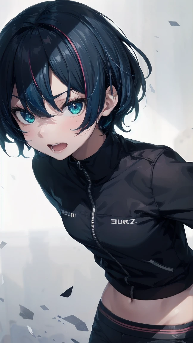 Close-up of a manga girl with blue hair and a yellow shirt, 2D Animation, 2D Animation style, 2D Art, 2D Art, 2D from Gorillaz, 2D from Gorillaz, 2D Gorillaz, Screaming Cerket, 2D Sprite, Jinx Face, short hair, Small breasts, hot pants, ((Black Hair, Inner bright blue hair:1.4))