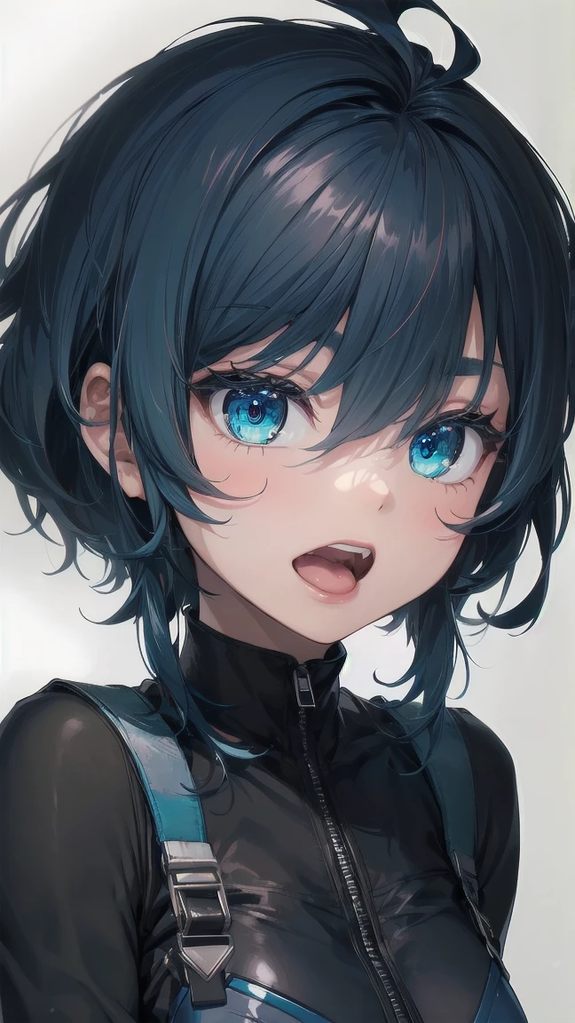 Close-up of a manga girl with blue hair and a yellow shirt, 2D Animation, 2D Animation style, 2D Art, 2D Art, 2D from Gorillaz, 2D from Gorillaz, 2D Gorillaz, Screaming Cerket, 2D Sprite, Jinx Face, short hair, Small breasts, hot pants, ((Black Hair, Inner bright blue hair:1.4))