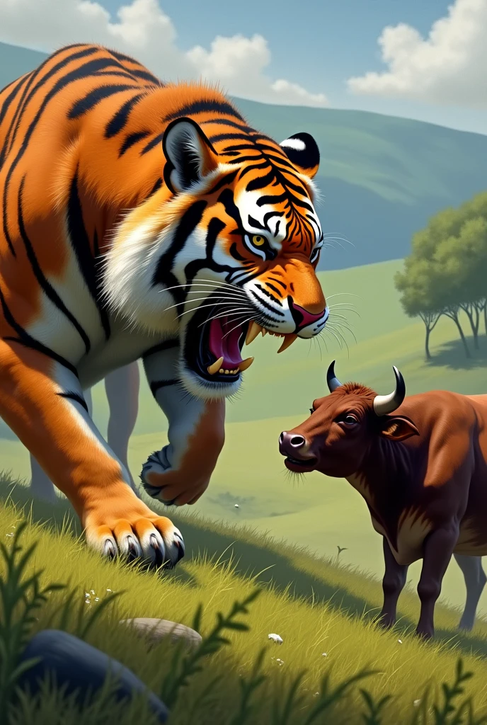 The tiger angrily confronts the cow, baring its teeth, while the cow looks back calmly, slightly amused despite the dire situation.