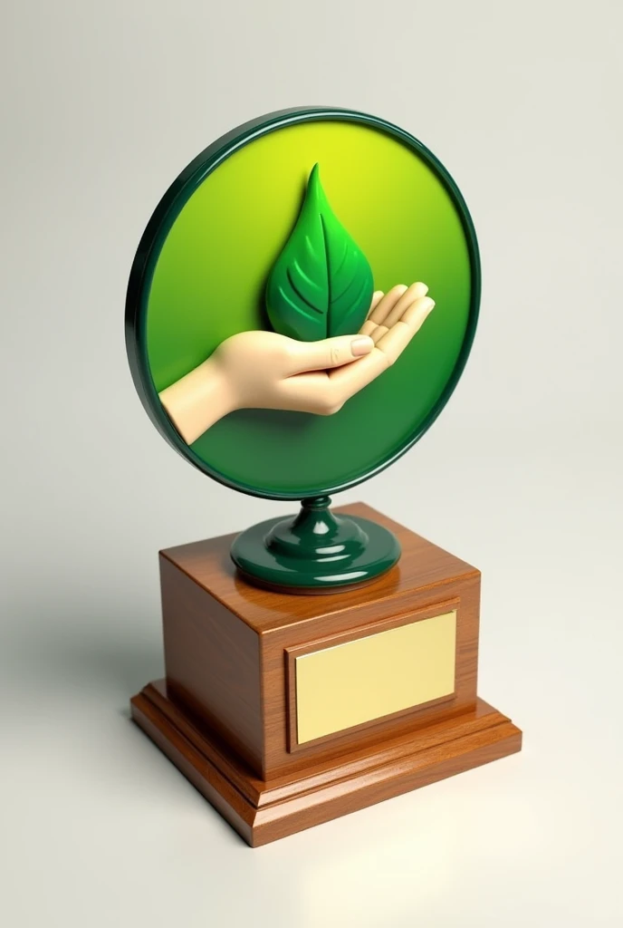 Troféu biota Innovations:

1. Trophy Base:
   - Material: Wood, similar to the previous example, with a polished finish and a natural wood tone.
   -Dimensions: rectangular, adapted to accommodate the monthly plaques and the final champion plaque, keeping space for the additional image.

2. Main Body:
   - Format: Circular as in the example in the image, with a large central number.
   - Central Element: Instead of number 5, the main circle will now display the provided image, showing a green hand holding a leaf, representing growth and sustainability.
   - Image Position: The image of the hand with the leaf will be centered in the circle. The hand will be at the bottom, supporting the sheet that extends to the top.

3. Monthly Plates:
   - Format: Rectangular metal plates arranged around the circle, where the plaques with the name of the winning team of each month will be.
   - Style: Signs should have a simple, clean design so as not to distract from the central symbol..

4. Placa do Annual Champion:
   -Location: On the front of the wooden base.
   -Description: A larger metal plaque with the name of the year&#39;s winning team, with a centered text "Annual Champion".

5. Logo da Biota Innovations:
   -Location: At the top of the main circle, just above the leaf in the image, or in front of the base, next to the annual champion&#39;s plaque.
   - Integration: The logo will be small, but highlighted, and must integrate harmoniously with the central image.
