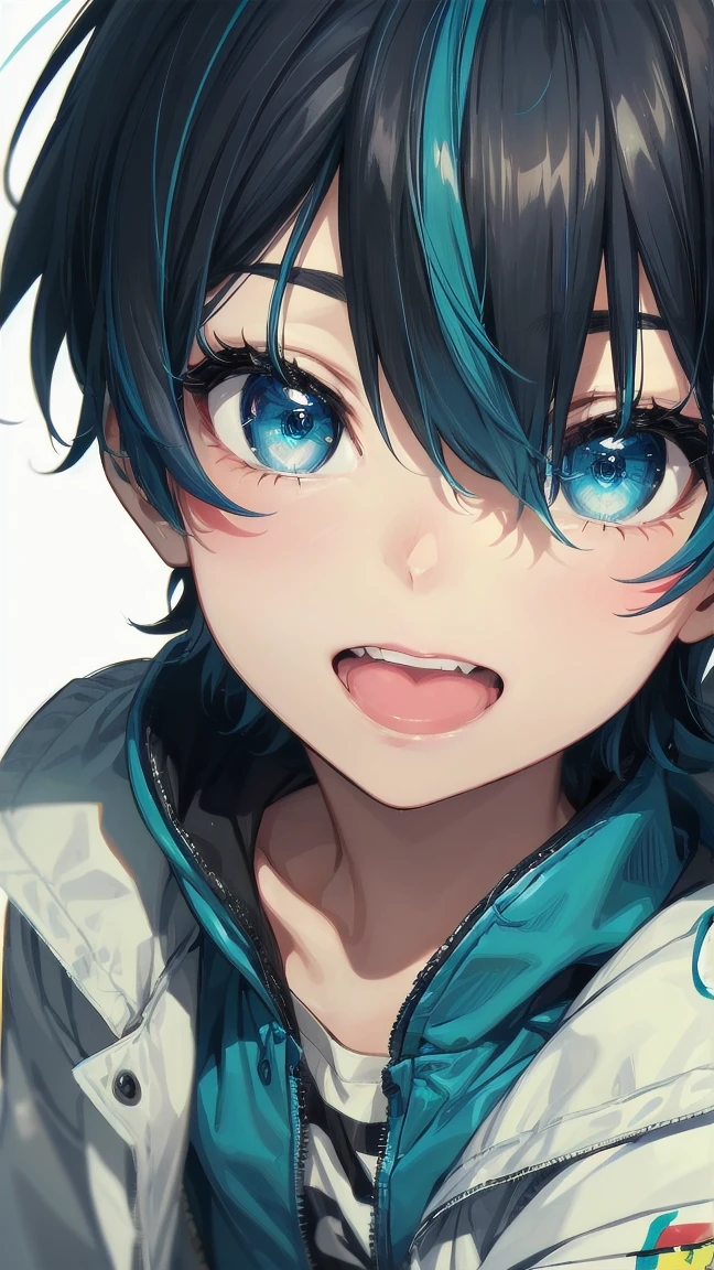 Close-up of a manga girl with blue hair and a yellow shirt, 2D Animation, 2D Animation style, 2D Art, 2D Art, 2D from Gorillaz, 2D from Gorillaz, 2D Gorillaz, Screaming Cerket, 2D Sprite, Jinx Face, short hair, Small breasts, hot pants, ((Black Hair, Inner bright blue hair:1.4))