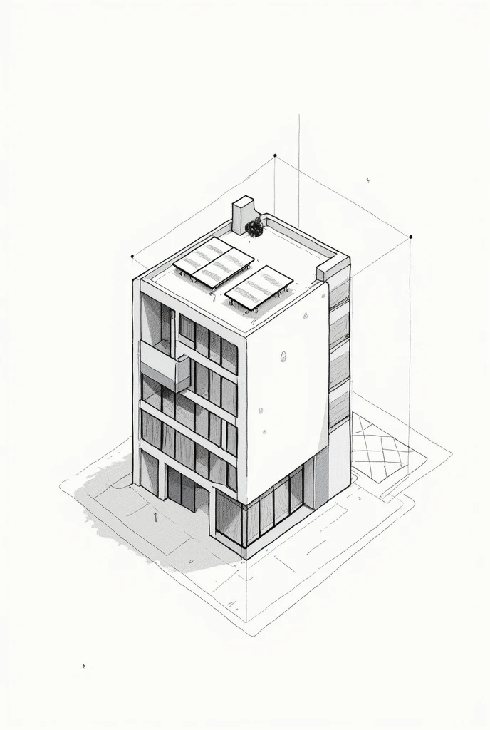 sketch a simple design of apartment house with solar panel and rain induce using black and white lines