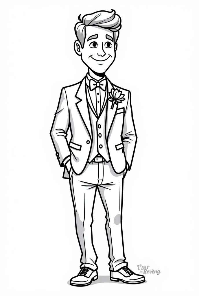 A line art for a children's coloring book with a Pixar-style wedding theme of the groom in an elegant suit