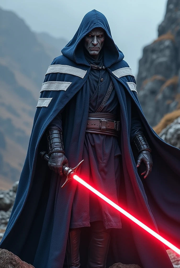 The country scotland as a Sith Lord from Star Wars, stripes on Cape, angular gray face, Cape colors white and blue, red lightsaber, agressive, frightening, ultra-realistic