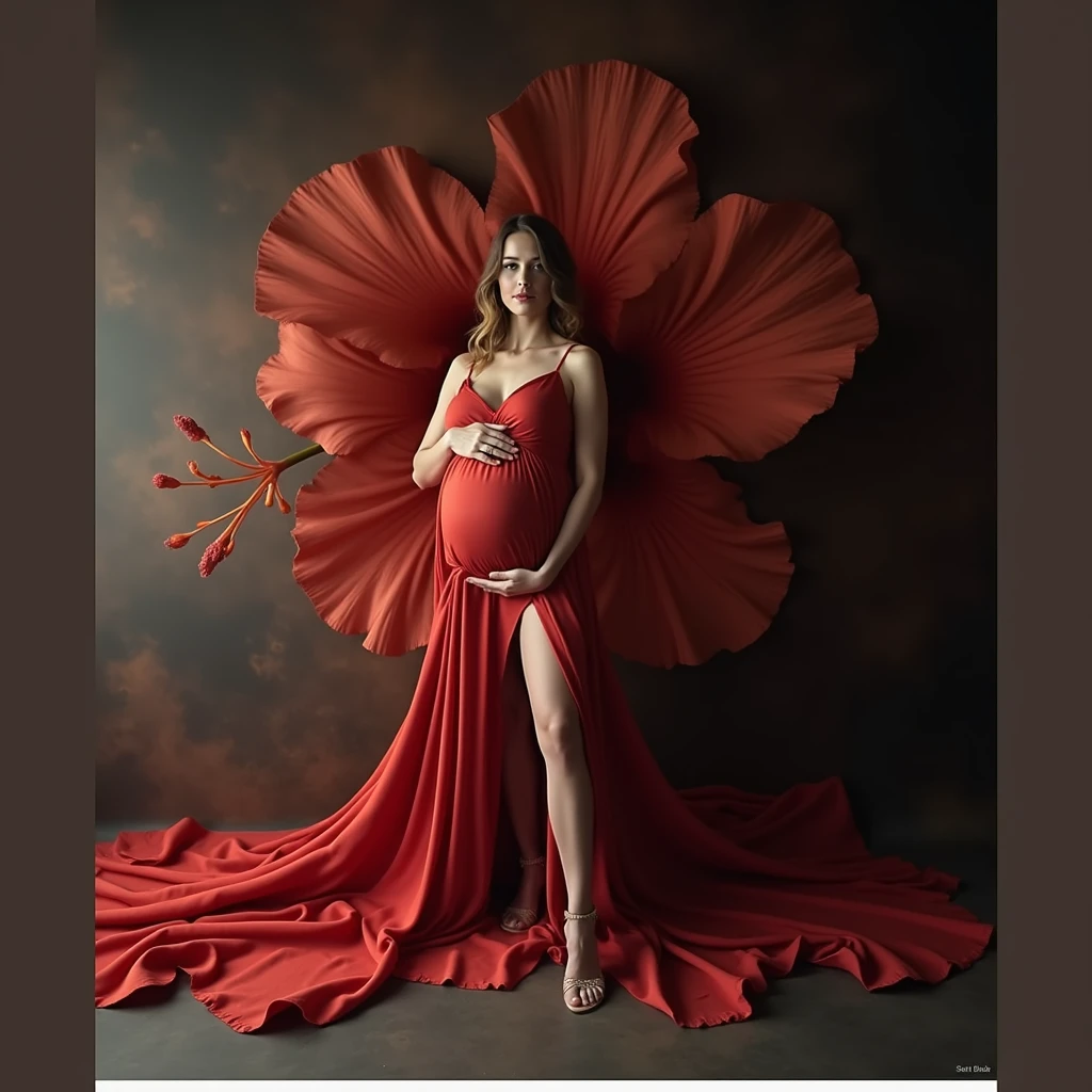 pregnant woman in red dress posing in front of large red flower, a portrait by Sam Black, some cloudy effect in ground and flower , leaf flowing in air ,shutterstock contest winner, art photography, draped with red hybiscus, rich red colors, draped in velvet and flowers, full body photoshoot, grayscale phtoto with red dress, maternal photography 4 k, award winning studio photo, in a red dress, rich red