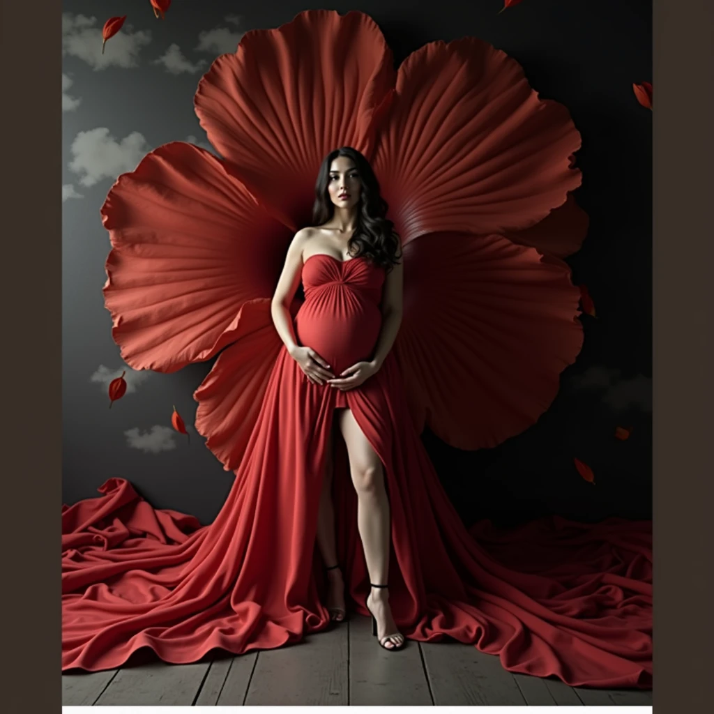 pregnant woman in red dress posing in front of large red flower, a portrait by Sam Black, some cloudy effect in ground and flower , leaf flowing in air ,shutterstock contest winner, art photography, draped with red hybiscus, rich red colors, draped in velvet and flowers, full body photoshoot, grayscale phtoto with red dress, maternal photography 4 k, award winning studio photo, in a red dress, rich red