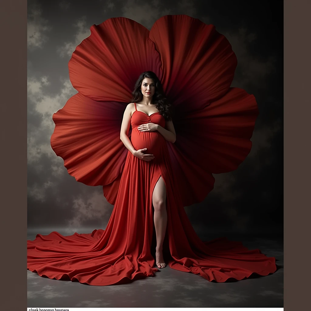 pregnant woman in red dress posing in front of large red flower, a portrait by Sam Black, some cloudy effect in ground and flower , leaf flowing in air ,shutterstock contest winner, art photography, draped with red hybiscus, rich red colors, draped in velvet and flowers, full body photoshoot, grayscale phtoto with red dress, maternal photography 4 k, award winning studio photo, in a red dress, rich red