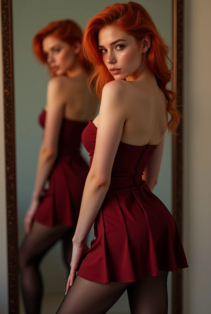 Canadian woman, 20 years old,  black Redhead hair side hairstyle, very Big bust, posing from back in photo in full body, Very open and sleeveless Dark redstrapless dress, plissada skirt, black pantyhose, high heels, in front of a mirror, detailed face