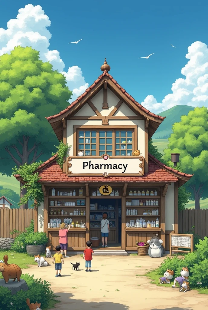 ghibli pharmacy with a pharmacy sign in english in a rural area peaceful vibes with people chilling and many cats outside  
with children playing a customers buying