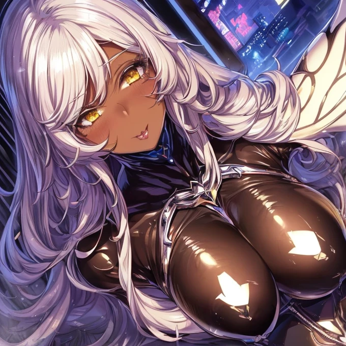 masterpiece, best quality, extremely detailed, anime art style, 1girl, mature femlae, solo, (dark brown skin:1.6), phantyliaV2, (huge breasts:1.3), ((white hair, long hair, yellow eyes)), parted lips, (((tronwear, black bodysuit))), blush, light smile, (closed mouth), sitting on the bench, ((futuristic cityscape))