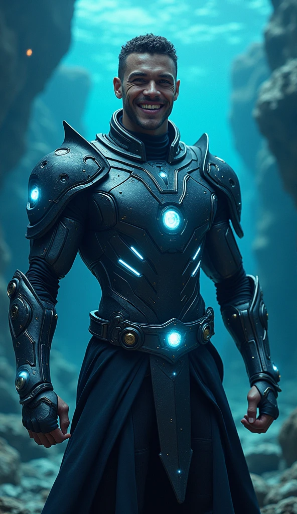 Create a full-bodied, powerful, futuristic deep-sea warrior avatar with advanced technology integrated into the armor. The character should have a strong, heroic physique and a friendly, approachable expression. The face is fully visible, with chiseled features, a defined jawline, and a warm, confident smile that makes the character appear both strong and sympathetic. The character is standing tall, facing directly towards the camera, ensuring the entire body is clearly visible. The armor is a blend of ancient Greek or Atlantean warrior styles, covering essential body parts while leaving certain muscular areas exposed, with intricate designs inspired by deep-sea elements such as bioluminescent creatures and abyssal patterns. The color palette includes dark blue, black, and silver, with glowing accents that emphasize the character's connection to the ocean. The eyes are brilliant blue, glowing with a mystical energy. The character exudes strength and a positive, welcoming demeanor, with a bioluminescent aura surrounding the figure. The background features a deep ocean scene with shimmering sea creatures and underwater chasms, enhancing the character's powerful and dynamic presence.
