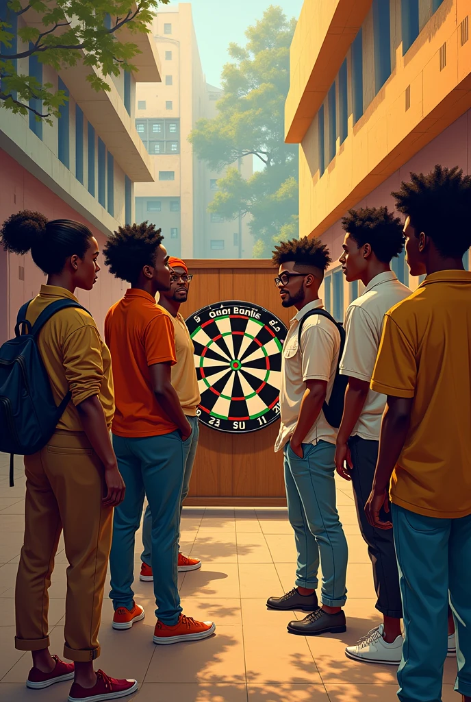 Clean african university students playing darts. Image must be art style.