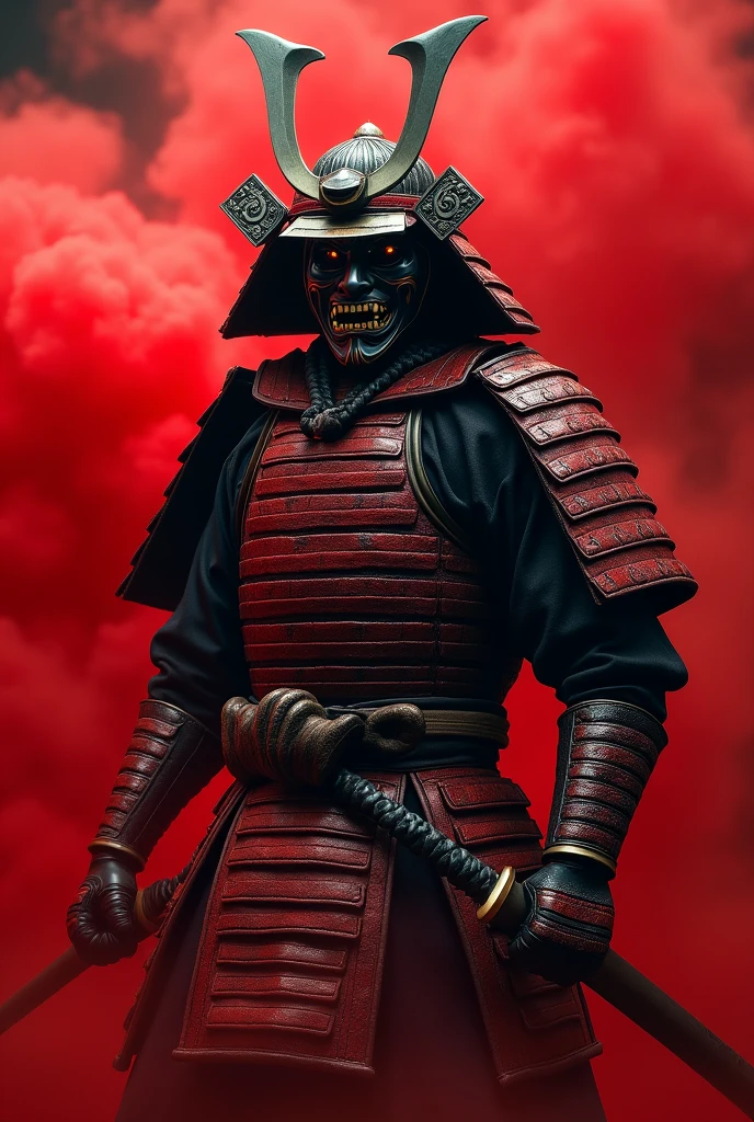 samurai wear oni face mask, red smoke background,ultra res,8k resolution,