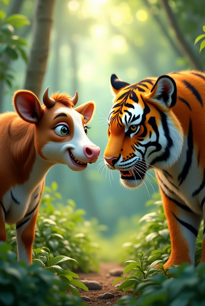 A close-up of the cow smiling and asking the tiger if it has an owner, with the tiger looking irritated and asserting its dominance as the king of the jungle.