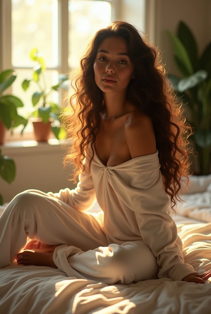 (photorealism:1.2), beautiful woman, sitting on bed, wearing loose off-shoulder top, pajama pants, long curly hair, indoors, soft lighting, plants in background, window with sunlight, cozy room, relaxed pose, realistic, intricate details, warm colors, by Greg Rutkowski, by Alphonse Mucha