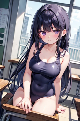 Elementary school girl, , Large Breasts, Black Hair, Long Hair, Purple eyes　Embarrassed look （One person） 　Navy blue old school swimsuit　School classroom　Dynamic angle of sitting at a desk　Low Angle