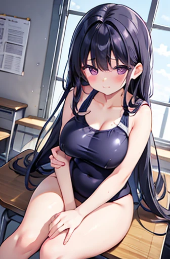 Elementary school girl, , Large Breasts, Black Hair, Long Hair, Purple eyes　Embarrassed look （One person） 　Navy blue old school swimsuit　School classroom　Dynamic angle of sitting at a desk　Low Angle