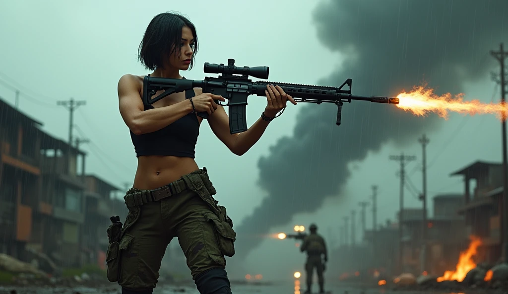 A beautiful women (dian sastrowardoyo), huge beasted, droopies breasts, wet tied bobcut hair, wear wet tanktop, wear tactical camouflage pant, tactical boots, holding a m16 gun, serious face expression, aiming the target, in the chaotic battlefield under the rain, war with alien, realistic photography, natural light,