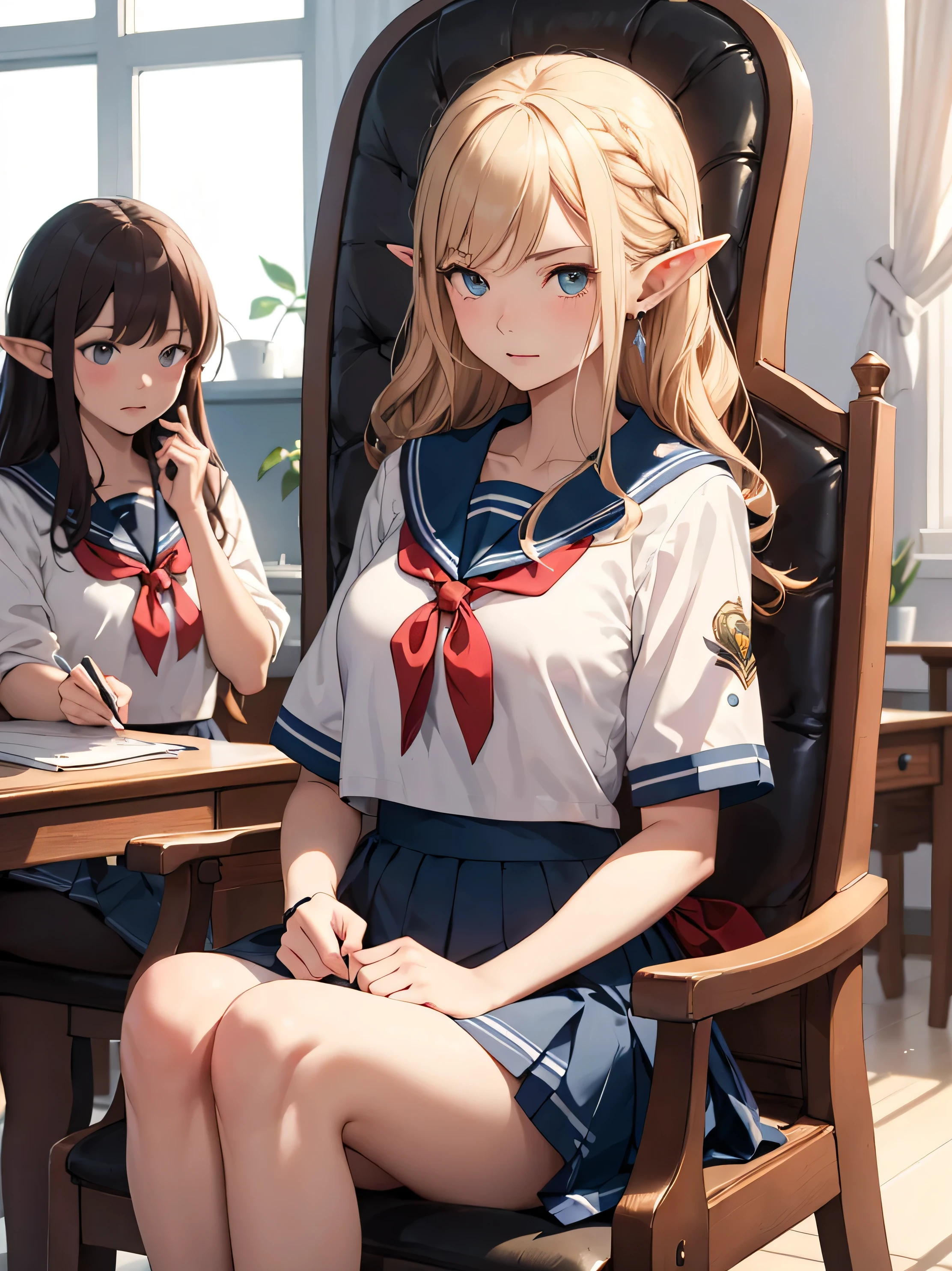 ((Highest quality)), ((masterpiece)), (detailed), School Principal's Office、Elf Girl、Sailor suit、Sitting in a chair、Bad mood、Her mother is making excuses.