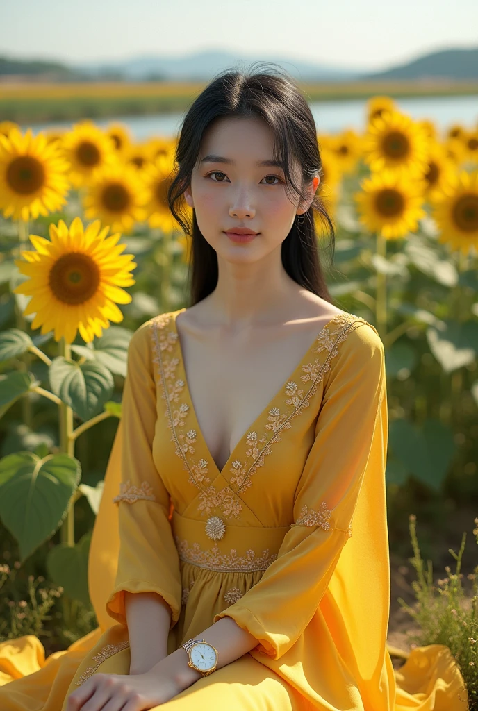 Beautiful Korean girl with white skin. Well-groomed face, straight black hair tied up, very elegant long dress decorated with sunflower motifs, cool watch, sitting among sunflower plants that are blooming beautifully, the background of the river and sunflower fields is very wide and beautiful, Photo original, realistic
