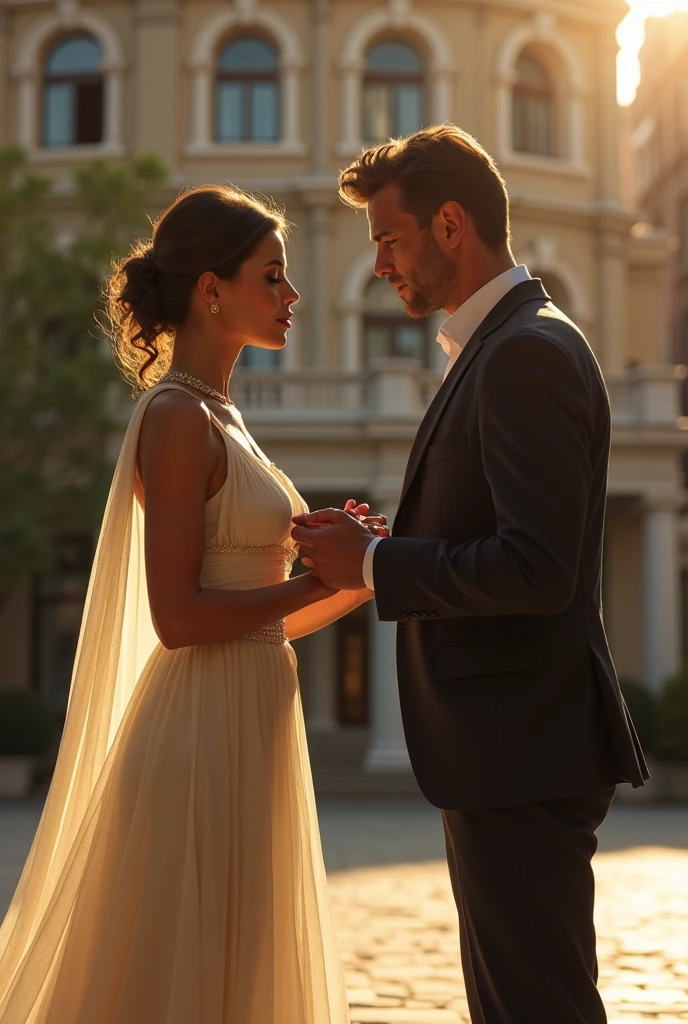 On a sunny afternoon in front of a building, a woman is with her husband looking at another man and reaching out one of her arms to touch the other man, the other man is also looking at her and also reaches out his arms to touch the woman