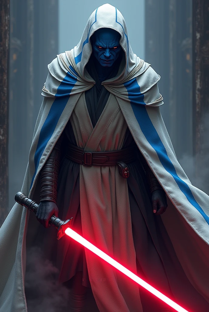 The country scotland as a Sith Lord from Star Wars,  stripes on Cape, angular blue face, Cape colors white and blue, red lightsaber, agressive, frightening, ultra-realistic