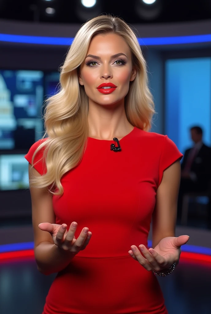 A beutiful blonde Australian news anchor wi5h red lipstick , wearing a red dress in a news room presenting the news