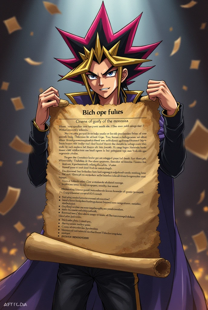Image from the game Yu-Gi-Oh in Portuguese with reference to the main character's moves drawing a card to be the background of a large text box, parchment ,game instruction in the center of the image
