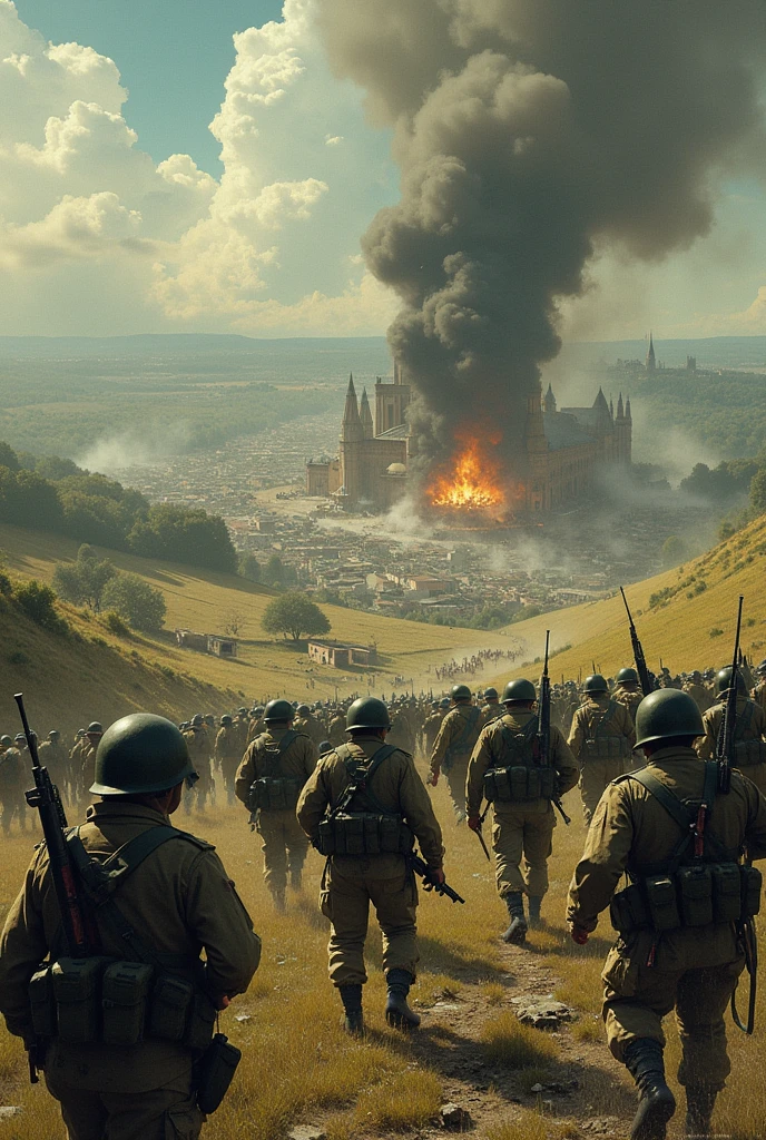 Create me an image of army currently on battle in the city of Lyon France (open field) in 1970 with full chaos in less army