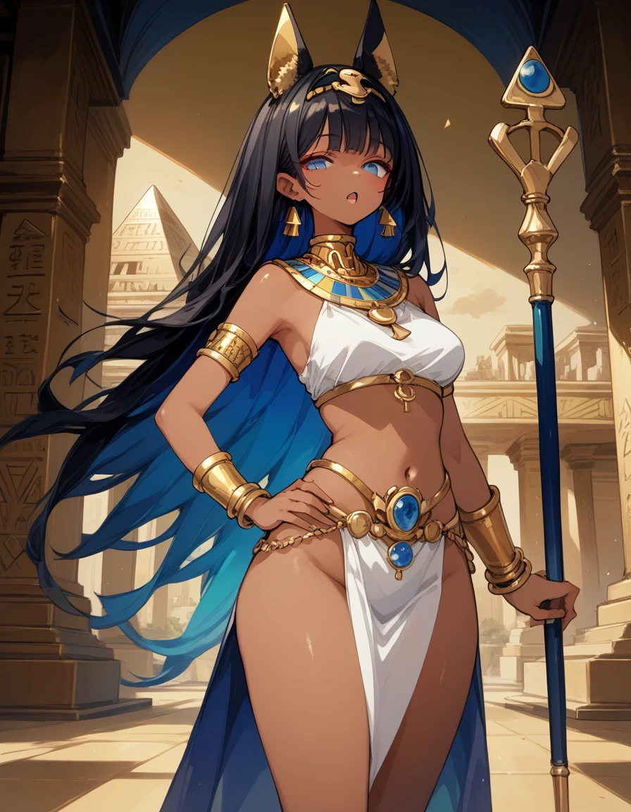 score_10,score_9_up,score_8_up,score_7_up, hadrian, small breasts, looking at viewer, seductive, with Pyramid of Khufu view, in Egypt, female anubis, egyptian clothes, egyptian mythology, truncheon,staff, long black hair, dark skin, open mouth, lewd, cowboy shot, nice hips, hand on hip, hip sway, half open eyes, thick thighs, smile