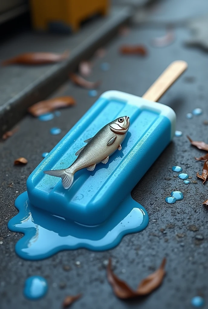  dirty ice popsicle blue colour fallen on the road down with fish on top of it